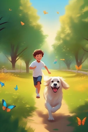 Cartoonish, artistic style, bright colors warm, soft lines and edges, high saturation, bright light and shadow effects, fantasy, natural environment,
Park walking dog, green grass, golden retriever dog chasing butterflies, happy, Chinese boy wearing white shirt, jeans, white sneakers, leading the dog to run together