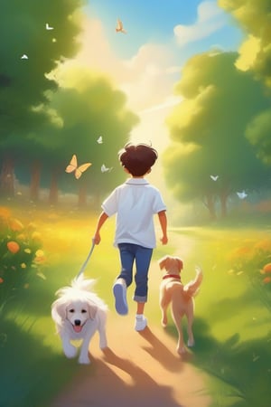 Cartoonish, artistic style, bright colors warm, soft lines and edges, high saturation, bright light and shadow effects, fantasy, natural environment,
Park walking dog, green grass, golden retriever dog chasing butterflies, happy, Chinese boy wearing white shirt, jeans, white sneakers, leading the dog to run together