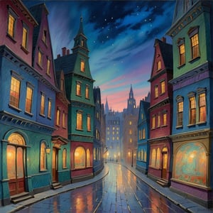 Beautiful whimsical cityscape, whimsical buildings, at night, beautiful sky, lit street, bold colors, In style of Fern Isabel Coppedge, Elia Locardi, Mikalojus Konstantinas Ciurlionis,  elegant, intricate, beautiful, fantastic view, ultra detailed.