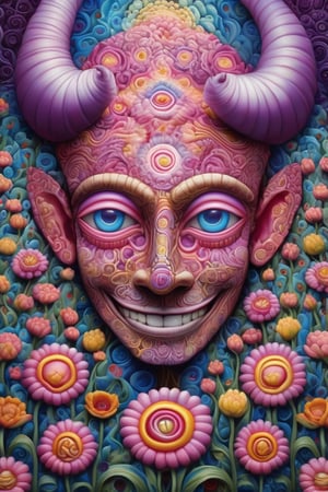 Zentangled portrait of a man with horn and glowing eyes, in flower field, smilling, (naoto hattori, joe Fenton), surrealism, fantasy, reflection, painting, metaphysical, Psychedelic art, (bright colors), super-detailed geometric patterns, symmetrical design, weird art, purple, blue, pink, white, quilling