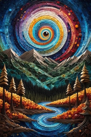 a swirly fibonacci eye, float in forest, mountain, swirly sky, cosmic sky, hypnotic, painting, metaphysical, quilling|mosaic, psychedelic art,  super-detailed geometric patterns, symmetrical design, lsd effect, weird art, artwork by matt rhodes, fine lines, moody, fantasy, art by andy kehoe, autumn forest background, night, starry sky, colorfull