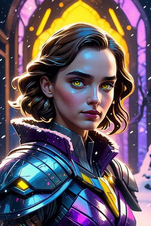 A (amazing emmawatson::galgadot Princess) with yellow glowing eyes, at winter garden, made of anodized titanium::amethyst::anodized, design by (adrian donoghue::atey ghailan::butcher billy), apex legends::dead space, blacklight, chemiluminescence, character design, spectrum colors, extraterrestrial, magic realism, masterpiece,