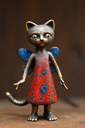 cat fairy, red Kintsugi, blue Kintsugi pattern, metallic, sculptural, intricate design, dots and leafy motifs, antique, Indian art, handmade, Toy Story style, whimsical, fantasy, shiny, detailed, contrasting colors.