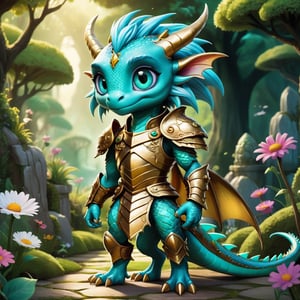 a cute dragon, with gold armor, turquoise hair, big eyes, character design by Tim burton, detailed, anime style, hd, background colorfull garden,