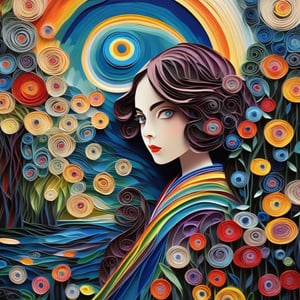 A girl, violet eyes, kimono, cleaveage, intricate swirly shirt, standing side river, flowers, tree, swirly sky, (quilled eyeballs), quilled sun, digital painting, mixed media, intricate quilling, psychedelic, meticulous, vibrant, ethereal, metaphysical, pop art, neo-expressionism, sequin, chemiluminescence, agnes lawrence pelton, sonia delaunay, wanda gág