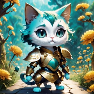 a cute cat, with gold armor, turquoise hair, big eyes, character design by Tim burton, detailed, anime style, hd, background colorfull garden,