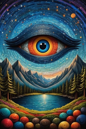 a swirly fibonacci eye, float in forest, mountain, swirly sky, cosmic sky, hypnotic, painting, metaphysical, quilling|mosaic, psychedelic art,  super-detailed geometric patterns, symmetrical design, lsd effect, weird art, artwork by matt rhodes, fine lines, moody, fantasy, art by andy kehoe, autumn forest background, night, starry sky, colorfull