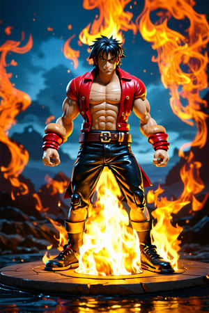 Portgas D. Ace from One Piece Anime, but with a twist—his body is made entirely of donuts. This 3D rendered character stands boldly, maintaining his signature fiery expression. The background is an epic display of flowing flames, emphasizing his fire-based powers. The contrast between his donut body and the intense fire creates a surreal yet captivating visual. The scene is both whimsical and dramatic, blending Ace's iconic traits with an imaginative, unexpected twist.