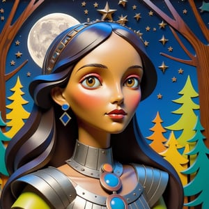radiant realism, A whimsical beautiful vibrant female in a forest under the moon and stars with metal elements in a craftsman style using geometric shapes. The figure is face forward and should have 2 large, prominent eyes and its body should be composed of smoothly interlocking metal parts and brightly colored painted panels. The background should be a simple, dark shade to highlight the details.