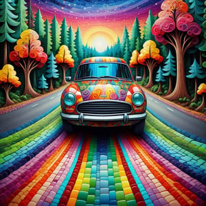 colorfull car on road, forest, landscape, surrealism, fantasy, reflection, painting, metaphysical, quilling|mosaic, Psychedelic art, (bright colors), super-detailed geometric patterns, symmetrical design, lsd effect, weird art