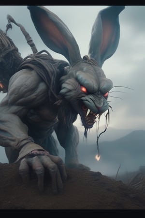 (Large format:1.3) photo of scary Gigantic Bunny creature, have a wings, fangs, fire, lifelike, glow eyes, creature inspired by peter mohrbacher, under overcast lighting, eye level, shot on ARRI ALEXA 65 with ND filter, (in style of Tim Walker:1.2)