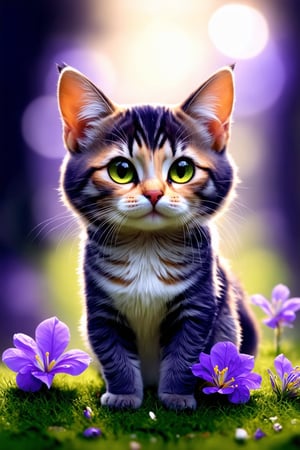 This image depicts a fantastical, whimsical cat character in a digital art style. The cat has large, expressive green eyes and intricate purple floral patterns adorning its cream-colored fur. Purple flowers and spherical decorations adorn its head, giving it a magical, fairy-tale quality. The background suggests a soft-focus forest setting with golden bokeh effects. The overall color palette centers on purples and creams with touches of green.

The artwork showcases exceptional detail and a dreamlike, enchanted atmosphere. It blends realistic textures with imaginative design elements to create a captivating fantasy creature. The style is reminiscent of high-quality digital illustrations found in children's books or animated films.