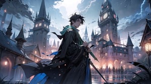A 18-year-old male student from Slytherin house at Hogwarts, he wears a Handsome Hogwarts green robes,  Holding a wand, waving wand fighting and cast a from the lightning magic toward spiders, him hair is black and him eyes are black, he looks towards the viewer, and around him is a beautiful background of a mystical and magical Hogwarts castle, detailed eyes,highly detailed, high resolution,Night scene