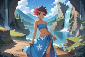 score_9, score_8_up, score_7_up, score_6_up, source_anime, 1girl, solo,  DEFPHOEBE, blue eyes, hair flower, sarong, tube top, dark skin, barefoot, looking at viewer, smiling, upper body, outside, waterfall, cascading water, rocky cliffs, mountain, dirt path, blue sky, 