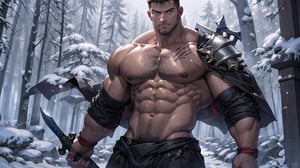 The 20-year-old portrait of a spartan with swords, anime young guy, strong, medium muscles, male focus, battle stance, manly, strong shoulders, dark background with snow fall wiht trees, He wields a colossal greataxe, its blade etched with ancient runes, (topless), establishing shot,he have a big crotch bulge, 