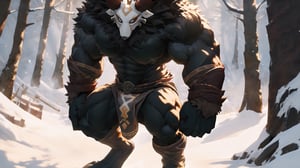 genshin impact, mitachurl, (solo), 1man, strong, muscles, black body, minotaur, white mask, digitigrade, loincloth, huge veiny penis,  battle stance, manly, strong shoulders, dark background with snow fall wiht trees, topless, better hands,(extreme detailed skin, extreme detailed fur , glistening body),high_resolution, eyes, anthropomorphic, full body, masterpiece, highres, best quality,midjourney