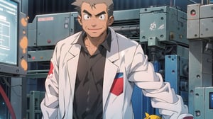 (pokemon), anime young guy,  solo, 1man, old man, Research Institute, labcoat, In the Research Institute,looking at viewer, there are many different high-tech equipments,Smile, a large space, long shot, cowboy shot, samuel_oak