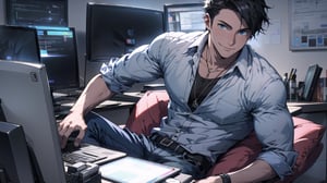 The 20-year-old portrait , anime young guy, 1man,  strong, manly,Sexy Muscular, game designer, programming, shirt, jeans, black hair, In the computer room, looking at viewer, happy, a large space, long shot, cowboy shot,  scenery, couch, indoors, window, sunlight, plant, detailed eyes,highly detailed, high resolution,
