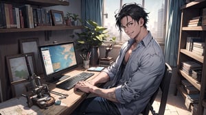 anime young guy, an of male,manly, mature male, (archaeologist), Archaeological equipment, wearing a gray casual shirt attire, Smile, black hair, depth of field, cowboy shot, beautiful face, male novel author, penthouse study, sitting on computer, Bookshelf with compass, map,shovel, skeleton and antiques on the bookshelf,slightly above, looking at viewer, CG, indoor, curtains,windows, 4k, highly detailed, high resolution, insane details, hdr, 8k textures, panoramic view,surrounded by rich cultural details,novel,katana