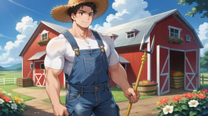 score_9, score_8_up, score_7_up, score_6_up, source_anime, solo,
BREAK, A man farmer working on a farm, picking fruits in an orchard, (overalls, cargo pants, white shirt, dark denim jeans, straw hat, pitchfork), (pokemon), pokemon ball,
BREAK, short hair, black hair, face, (muscular), muscular male, manly,  muscular arms, huge bigger biceps, smile, closed mouth, Eyes, Beautiful eyes, soft eyes,
BREAK, cloud, day, outdoors, farm setting, flowers, barn, farmhouse, lively styling, cozy environment, intricate details,