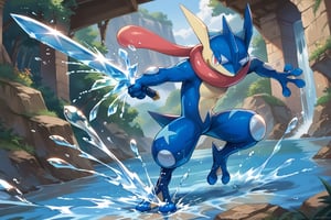 score_9, score_8_up, score_7_up, score_6_up, source_furry, solo, dof,  full-length portrait, blurred background, dof, cinematic,  greninja, pokemon (creature), action pose, attacking, water splash, motion blur, running on water, attacking, motion blur, holding a sword made of ice, slashing sword