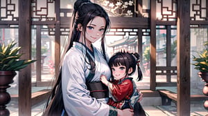 ((masterpiece)), ((best quality)), anime young guy, The 30-year-old mother wearing a White and magnificent Hanfu to reveal a sexy yet comforting physique, has one arm wrapped protectively around his girl. draw the love between a mother and a girl, (The 1-year-old young girl), wearing cute magnificent Hanfu, is snuggled against his mother's chest, sitting on the throne in an indoor setting, looking at gril with a  smile expression. The scene is richly detailed with Chinese architecture. 1woman, female focus, solo, perfect face, with Chinese architecture,cowboy shot, blurry background, 