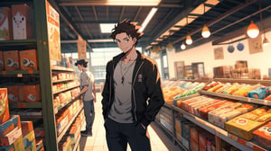 (pokemon),anime young guy,1man, manly, Standing in front of the goods rack, Pokémon style a man working in a house,  blurry background, looking at me with a Smile, panoramic view,  cinematic photo A handsome 18year-old man, long shot, cowboy shot