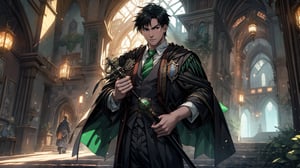 ((masterpiece, best quality)), an of male, manly, mature male, anime young guy, cowboy shot, Hogwarts green robes, green tie, (outside castle), black hair, black eyes, short hair, boy fighting and cast a from her magic wand toward spiders, spiders, Slytherin student, CG, 4k, highly detailed, high resolution, insane details, hdr, 8k textures, panoramic view,surrounded by rich cultural details,   ,THICK ARMS