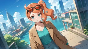 score_9, score_8_up, score_7_up, source_anime,pokemonsonia, pokemonsonia, aqua eyes, heart, heart hair ornament, long hair, long sleeves, orange hair, side ponytail, swept bangs,aqua footwear, aqua nails, aqua shirt, brown coat, brown jacket, coat, collarbone, eyewear on head, jacket, long sleeves, orange-tinted eyewear, pants, ribbed shirt, shirt, sunglasses, tinted eyewear,outdoors, cityscape,looking at viewer, cowboy shot, dutch angle,