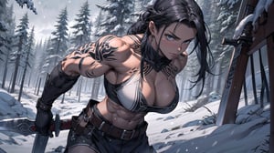 1 female, portrait of a spartan with swords, anime young guy, strong,  female focus, battle stance, dark background with snow fall wiht trees, Long hair, holding a colossal sword, ancient runes tattoo, establishing shot, Sexy Muscular, slim body, big breasts, cowboy shot, Sexy Pose,