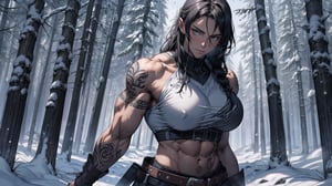 1 female, portrait of a spartan with swords, anime young guy, female focus, battle stance, strong shoulders, dark background with snow fall wiht trees, Long hair, holding a colossal sword, ancient runes tattoo, establishing shot, Sexy Muscular, big breasts, cowboy shot, Sexy Pose,
