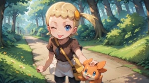 score_9, score_8_up, score_7_up, score_6_up, bonnie, blue eyes, blond hair, side ponytail, brown shirt, bike shorts, tongue out, one eye closed, outdoors