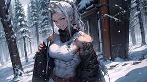1 female, portrait of a spartan with swords, anime young guy, female focus, strong shoulders, dark background with snow fall wiht trees, Long hair, ancient runes tattoo, establishing shot, Sexy Muscular, big breasts, cowboy shot, Sexy Pose,Smile