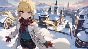 score_9, score_8_up, score_7_up, score_6_up, source_anime, beautiful eyes, masterpiece, best quality, BREAK,  palElesa, blonde hair, earmuffs, twintails, red scarf, white coat, blue shirt, black shorts, cowboy shot, looking at viewer, winter, cityscape, snow, from above, smile, mittens