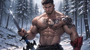 The 20-year-old portrait of a spartan with swords, anime young guy, strong, medium muscles, male focus, battle stance, manly, strong shoulders, dark background with snow fall wiht trees, He wields a colossal sword, (fighting stance:1.2), ancient runes tattoo , (topless), establishing shot,Sexy Muscular,cowboy shot,