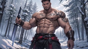 The 20-year-old portrait of a spartan with swords, anime young guy, strong, medium muscles, male focus, battle stance, manly, strong shoulders, dark background with snow fall wiht trees, He wields a colossal sword, ancient runes tattoo, (topless), establishing shot,Sexy Muscular,cowboy shot,