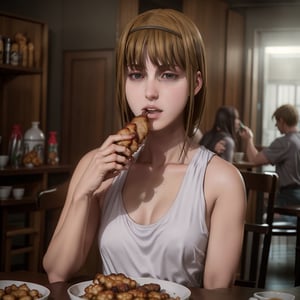 ymir fritz girl eating fried chicken, photo, realistic, by greg rutkowski