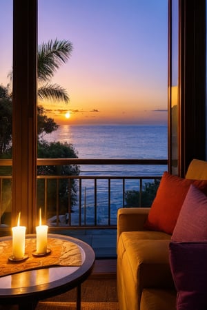   depicts an exotic, tropical setting with a luxurious indoor space overlooking a stunning ocean sunset. A soft pink couch sits near large windows, framed by palm trees and lush plants, creating an inviting and romantic atmosphere. The sky outside is a gradient of deep blue, purple, and orange as the sun sets, with the full moon visible in the darkening sky. Warm candlelight and vibrant yellow and red flowers on a reflective glass table add to the cozy, intimate feel. The tone is dreamy, tranquil, and sensual, blending nature with elegance and comfort