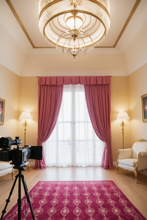  This scene depicts an opulent, palatial interior with lavish, Rococo-inspired decor. The ceiling is adorned with intricate frescoes and golden details, featuring ornate carvings and gilded moldings. Large chandeliers hang from the center, casting a warm, elegant glow. The room is filled with luxurious furniture, including plush pink tufted sofas and ottomans with gilded frames. Tall windows draped in soft, flowing curtains allow natural light to flood in, highlighting the rich, pastel tones. Gold accents and classical columns add grandeur, while the floral arrangements and soft textures create a serene, sophisticated atmosphere.