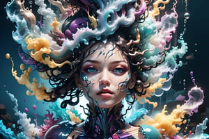 modelshoot style, (extremely detailed CG unity 8k wallpaper), Chaotic storm of intricate liquid smoke in the head, stylized beauty full - length abstract portrait, wet-skin, by petros afshar, ross tran, tom whalen, peter mohrbacher, artgerm, shattered glass, ((bubbly underwater scenery)) radiant light octane render highly detailed ((evil aesthetic))