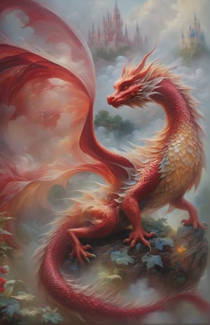 dragon, oil painting, red scales, fog, hazy, cloudy, divine, mystical, holy, magical, light and dark, fantasy masterpiece, realism, surrealism, intricate details, HDR, ultra high resolution, high detail‧masterpiece, rendering, Soft scenery, tenderness, serenity,oilpainting,oil painting,Oil painting ,oil paint ,shards,Disney pixar style,echmrdrgn