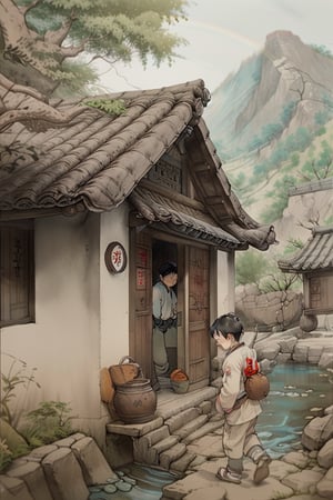 cottage with calm stream by the side, chinese style cottage, sunny, clear blue sky, light rainbow, mountains in the background, young chinese male at the door of the cottage,Wonho ,yasuo_hazuki,boy01,rudeus_greyrat
