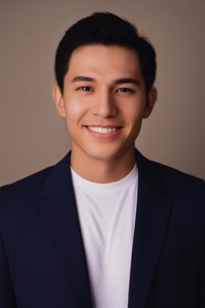 young asian muscular male in white T-shirt and navy blue blazer, smile, white teeth, brown wavy hair, tan_body, soft background, warm lighting ,Stylish,male,<lora:659095807385103906:1.0>