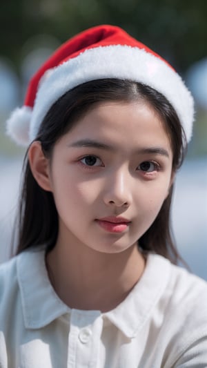 portrait of 1girl, young girl, teen female, soft light, rim light, film grain, beautiful shadow, low key, (photorealistic, raw photo:1.2), (natural skin texture, realistic eye and face details), hyperrealism, ultra high res, 4K, Best quality, masterpiece, christmas hat, santa outfit, looking at viewer, long black hair, realistic,