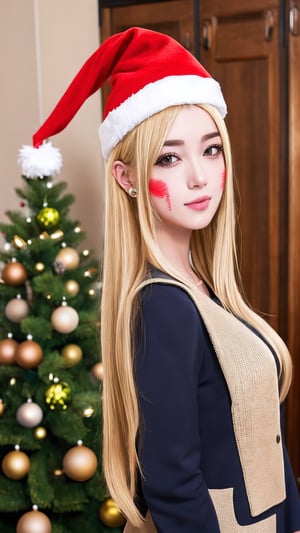 masterpiece,  best quality,  1girl,  solo,  gakuran,  christmas hat, christmas suit, long hair,  Naruto uzumaki,  long blonde hair,  spiked hair , n4rut0, facial mark,  forehead protector,  konohagakure symbol,izumi ran,transgirl