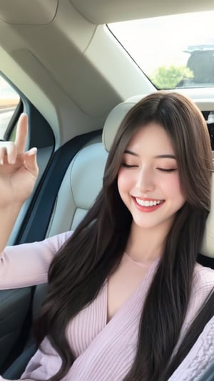 1girl, solo, long hair, smile, closed eyes, teeth, car interior