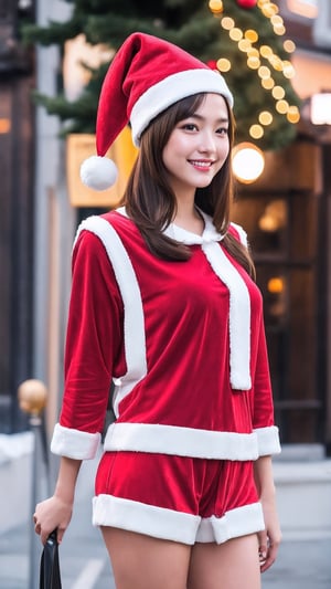 wallpaper character,
1girl, solo, (full body), santa suit, christmas_hat, smile, 
1girl, solo, telephoto lens, exquisite facial features, perfect face, glowing skin, long hair,