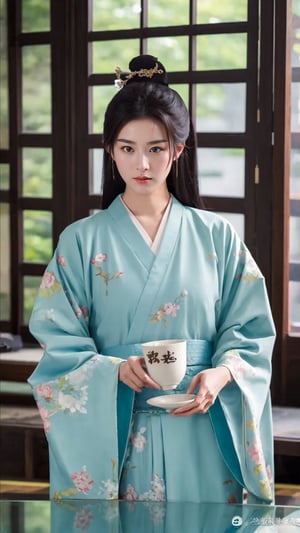 tienhiep, hanfu,
fairy hanfu, 1girl, solo, long hair, looking at viewer, black hair, holding, upper body, japanese clothes, indoors, wide sleeves, kimono, black eyes, cup, lips, window, copyright name, watermark, holding cup, realistic, sakazuki, choko (cup), tienhiep