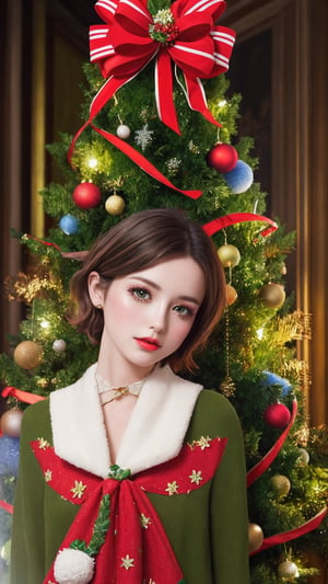 1girl, (masterpiece, top quality, best quality, official art, beautiful and aesthetic:1.2), Short Hair , extreme detailed, (flowers), (fractal art:1.3), colorful, highest detaile, (fullbody:0.7), christmas hat, christmas tree