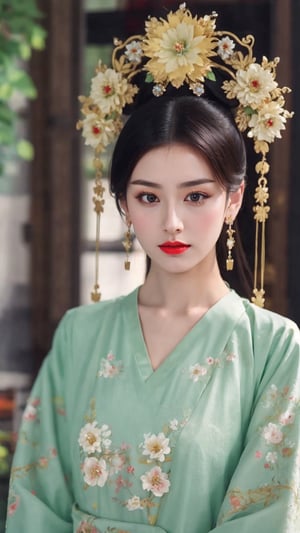 tienhiep, hanfu,
fairy hanfu, 1girl, solo, looking at viewer, black hair, hair ornament, dress, jewelry, upper body, flower, earrings, artist name, hair flower, blurry, black eyes, lips, eyelashes, makeup, blurry background, chinese clothes, white flower, gem, realistic, red lips, tienhiep